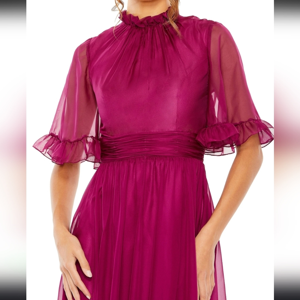 Mac Duggal Ruffled Mock Neck Flutter Sleeve High Low Hem Gown, style number 6882 - Picture 2 of 14
